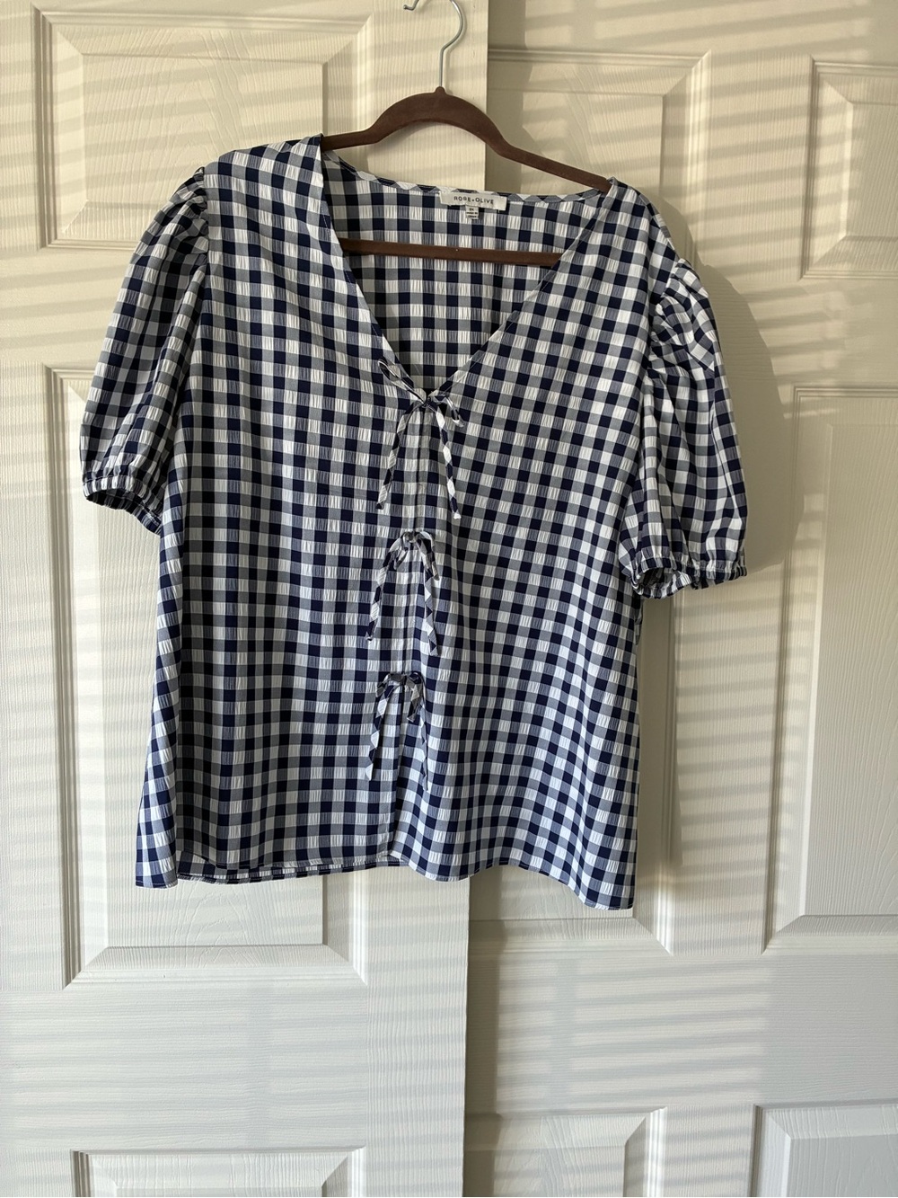 Rose & Olive Navy and White Gingham Tie-Front Puff Sleeve Blouse